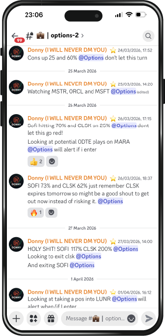 Image of the options trading chat where members receive updates and opportunities